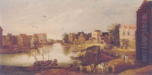 A Townscape With Peasants Unloading A Cart By A Canal
