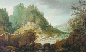 A Rugged Rocky Landscape With A Torrent And Travellers On A Path