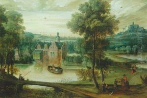 Paysage Fluvial Anime De Pecheurs, Villageois En Barque, Promeneurs Et Cavalier