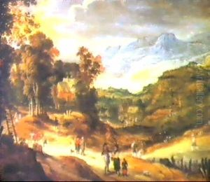 An Extensive Upland Landscape With Peasents Picking Fruit