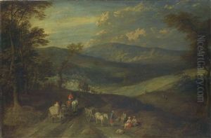 An Extensive Mountainous Landscape With Travellers On A Path by Joos de Momper the Younger
