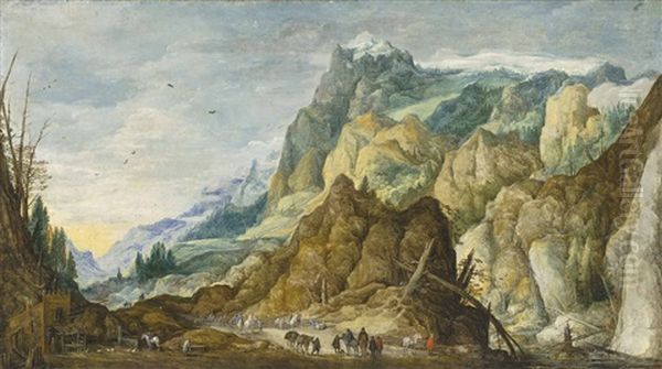 An Extensive Mountainous Landscape With Travellers - view 1