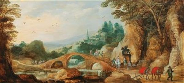 A Rocky Landscape With Riders Near A Bridge - view 1