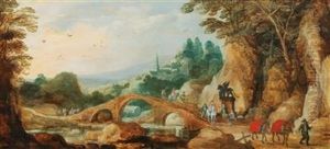 A Rocky Landscape With Riders Near A Bridge by Joos de Momper the Younger