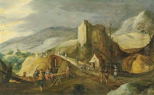 A Mountainous Landscape With Soldiers Preparing An Attack By A Bridge by Joos de Momper the Younger