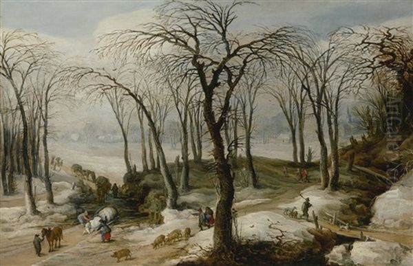 A Winter Landscape With An Overturned Horse-drawn Cart, And Figures Driving A Herd Of Pigs Down A Track - view 1
