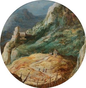 A Mountainous Landscape With Travellers By A Cottage And An Elevated Castle by Joos de Momper the Younger