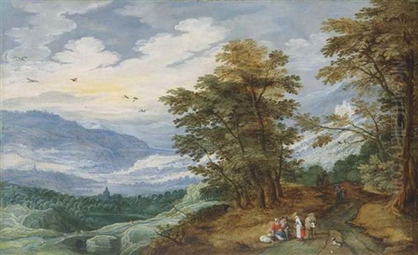 A Wooded Landscape With Figures Resting By A Path, Villages In The Mountains Beyond - view 1