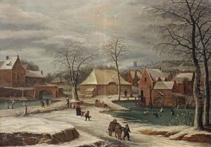 A Winter Landscape With Children On The Ice And Other Figures, A Town Beyond by Joos de Momper the Younger