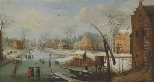 A Winter Townscape With Figures On A Frozen River And The Flight Into Egypt
