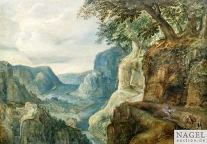 Weite Flusslandschaft Mit Einem Reisenden Auf Einer Anhohe Weite Flusslandschaft Mit Einem Reisenden Auf Einer Anhohe