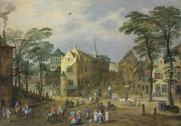 A Townscape With Figures And Horse-drawn Carts, Carrying Vegetables And Other Produce To Market by Joos de Momper the Younger