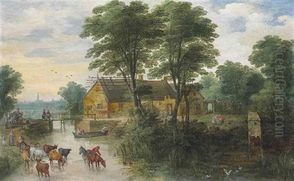 A River Landscape With Cottages And Cattle, Antwerp In The Distance - view 1