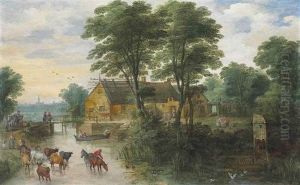 A River Landscape With Cottages And Cattle, Antwerp In The Distance