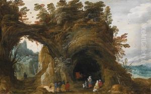 Extensive Rocky Landscape With Figures Resting By A Grotto