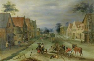 Figures Repairing A Wagon In A Village