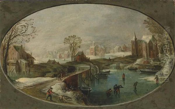 A Winter Landscape With Figures Playing Games On A Frozen River, A Faggot-gatherer And A Herdsman On A Path, A Village Beyond - view 1
