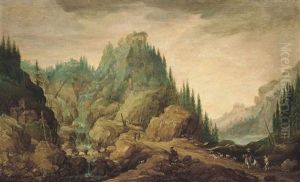 A Mountainous Wooded River Landscape With A Waterfall And Buildings, Figures, Horsemen, A Goatherd And Goats On A Path by Joos de Momper the Younger