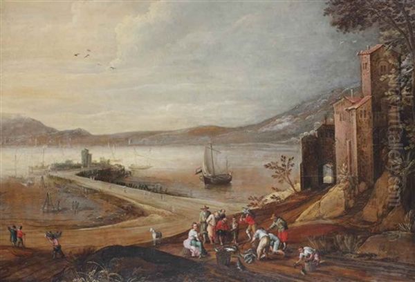 An Extensive Italianate Coastal Landscape With Boats Moored By A Peninsula, Fishermongers With Their Catch In The Foreground - view 1
