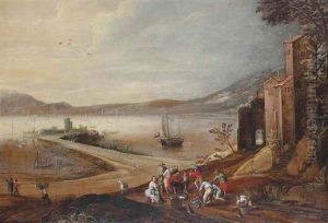An Extensive Italianate Coastal Landscape With Boats Moored By A Peninsula, Fishermongers With Their Catch In The Foreground