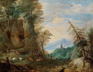 A Wide Mountain Landscape With Red Deer
