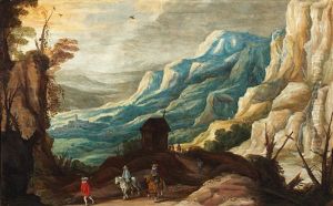 A Mountainous Landscape With Horsemen And Travellers