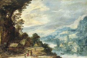 An Extensive River Landscape With Figures Conversing Amongst Cottages