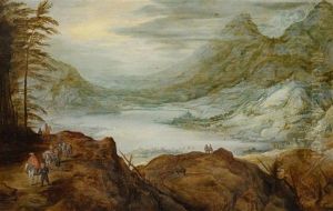 A Vast Mountain Landscape With View Of A Lake And Figures In The Foreground thumbnail