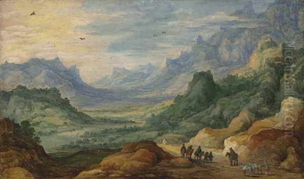 A Mountainous Landscape With Travellers And Herdsmen On A Path - view 1