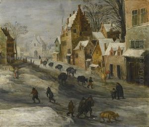 Winter Landscape With A Caravan Of Pack Donkeys Passing Through A Town, Two Farmers And Their Pigs In The Foreground
