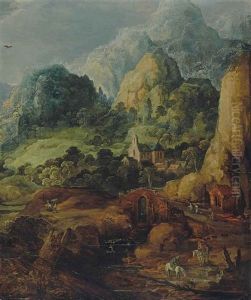 Cavaliers Abreuvant Leurs Montures Et Village Dans La Montagne