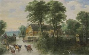 A River Landscape With Cottages And Cattle, A City, Possibly Antwerp, Beyond