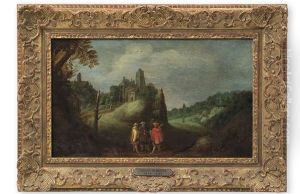Hugelige Landschaft Mit Blick Auf Eine Bewehrte Stadt - Im Vordergrund Wandersleute by Joos de Momper the Younger