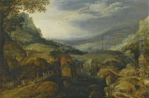 Mountain Landscape With Country Folk Dancing And Merrymaking Outside Taverns By A Small Lake, A Maypole In The Distance