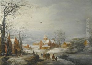 Travellers Passing Through A Village In Winter by Joos de Momper the Younger