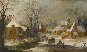 A Winter Landscape With Travellers Passing Through A Village by Joos de Momper the Younger