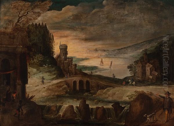 River Landscape With Various Figures On A Mountain Path - view 1