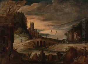 River Landscape With Various Figures On A Mountain Path