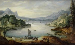 Fishermen Unloading Their Catch, A Mountainous River Landscape Beyond