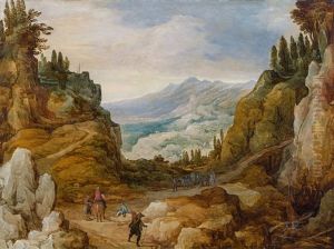 Gebirgslandschaft Mit Wanderern Und Pferden