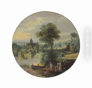A River Landscape With An Elegant Company, A Manor House Beyond by Joos de Momper the Younger