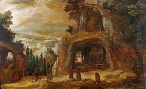 Moines Dans Une Grotte Surplombant Une Vallee