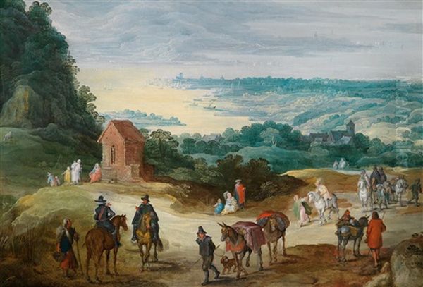 Weite Flusslandschaft Mit Ziehenden Handlern Und Rastenden Wanderern Vor Einer Dorfkulisse - view 1