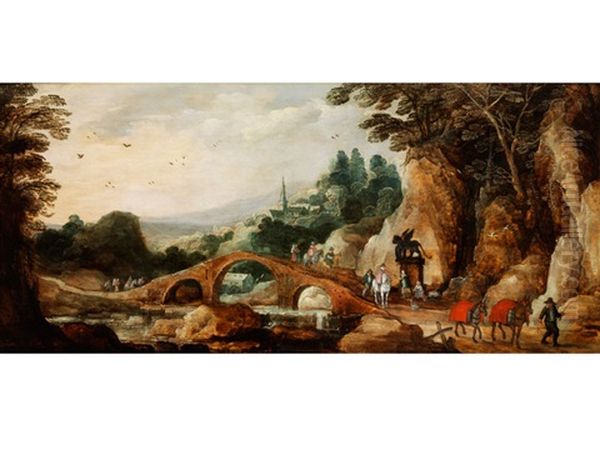 Landschaft Mit Steinerner Bogenbrucke Und Figurenstaffage - view 1