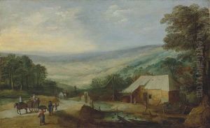 An Extensive Wooded Landscape With Figures And Horse-drawn Carts On A Track By A Cottage