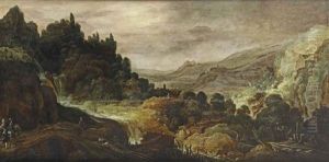 A Mountainous River Landscape With Herdsmen And Travellers On A Path Near A Waterfall