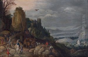 Paysage De Riviere Avec Des Voyageurs Sur Un Pont