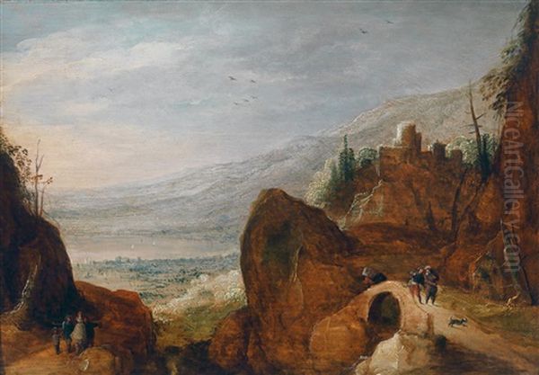Felsenlandschaft Mit Reisenden Auf Einer Brucke - view 1