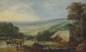 An Extensive Wooded Landscape With Figures And Horse-drawn Carts On A Path In The Foreground, A Cottage And Other Buildings By A Stream