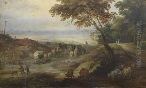 A Country Path With Several Wagons And Other Travellers On Foot, A Cowherd And His Livestock Leaving A Woodland Track In The Foreground And An Extensive Landscape With Two Distant Towns Beyond